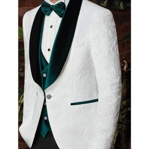 3 piece Tuxedo: white jacket and vest w forest green accents, black pants